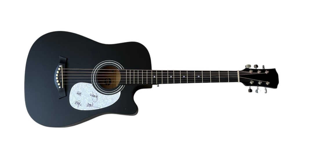 Bastillle Signed Acoustic Guitar: This lot is an acoustic guitar, autographed on the plate by Bastille. Item comes with third-party authentication and affixed tamper-proof holographic QR sticker leading to item details and scoring.