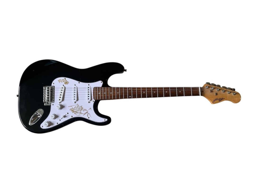 Red Hot Chili Peppers Signed Electric Guitar: This lot is an electric guitar, autographed on the pickguard by Anthony Kiedis and Flea of Red Hot Chili Peppers. Item comes with third-party authentication and affixed tamper-proof holographic QR sti