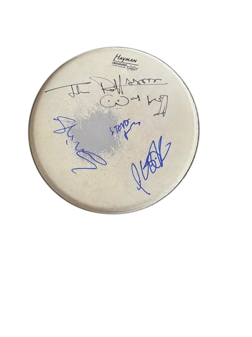 Sex Pistols Signed Drumskin: This lot is a Hayman Ambassador drumskin, autographed by Johnny Rotten, Paul Cook, Steve Jones and Glen Matlock of the Sex Pistols. Item comes with third-party authentication and affixed tamper-proof