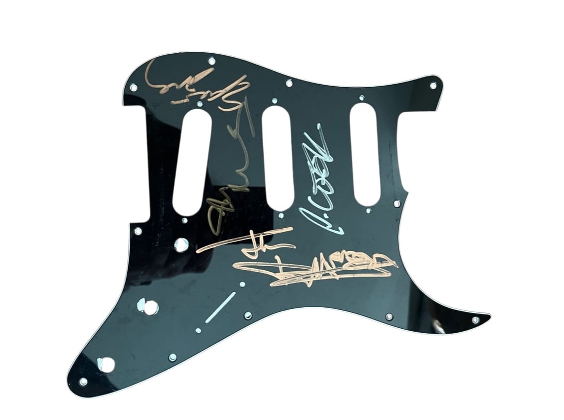 Sex Pistols Signed Electric Guitar: This lot is an electric guitar, autographed on the pickguard by Johnny Rotten, Paul Cook, Glen Matlock and Steve Jones of the Sex Pistols. Item is authenticated by HSA and comes with affixed HSA Tampe