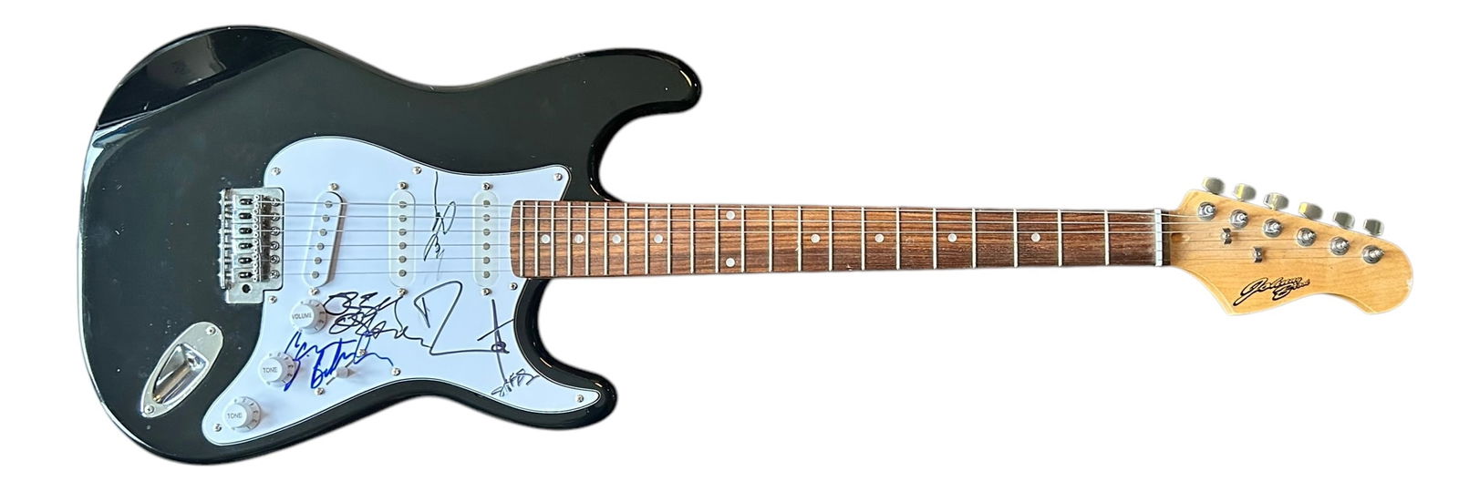 Black Sabbath Signed Electric Guitar: This lot is an electric guitar, autographed on the pickguard by Ozzy Osbourne, Geezer Butler, Bill Ward and Tony Iommi of Black Sabbath. Item comes with third-party authentication and affixed tamper-p