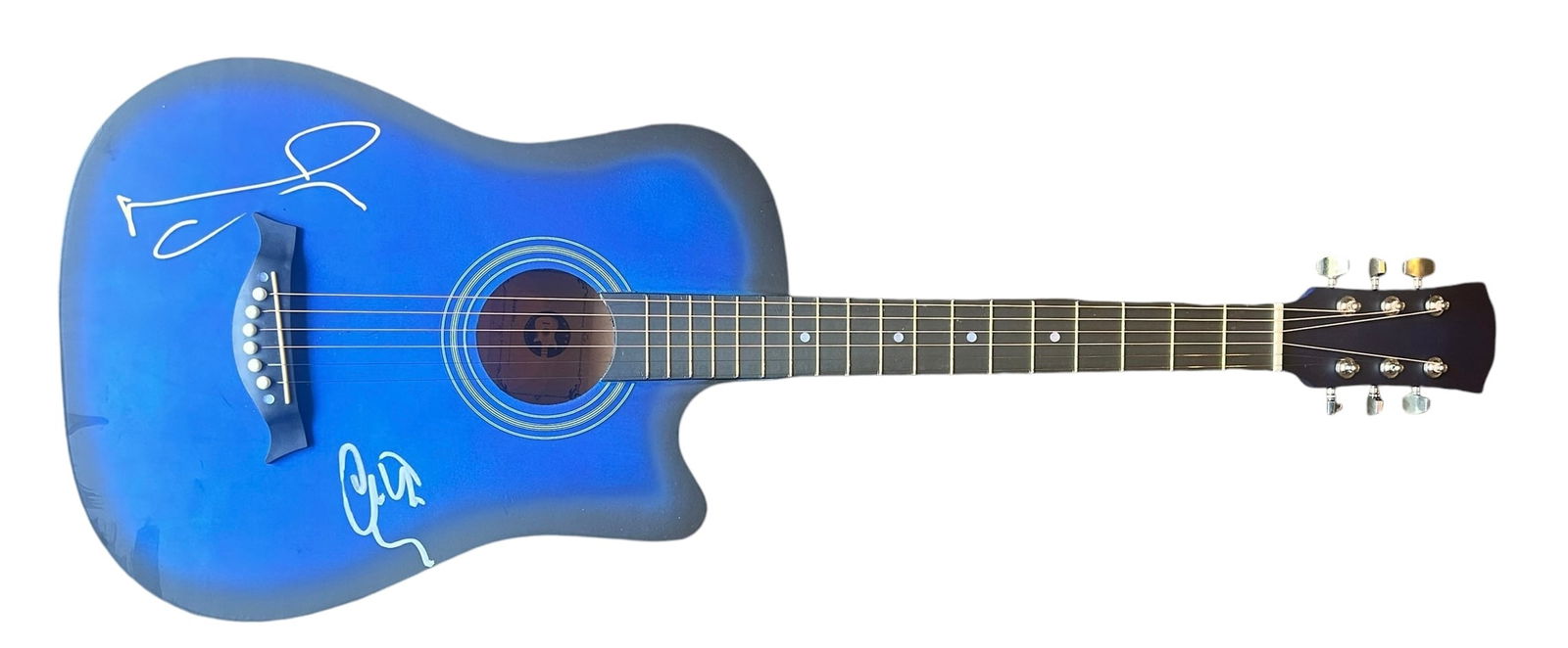 Oasis Signed Acoustic Guitar: This lot is an acoustic guitar, autographed by Noel Gallagher and Liam Gallagher of Oasis. Item comes with third-party authentication and affixed tamper-proof holographic QR sticker leading to item de