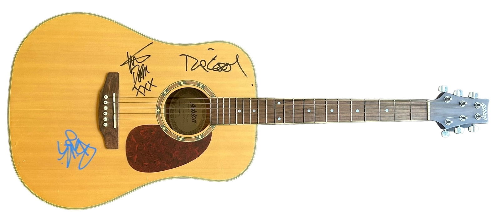 Green Day Fully Signed Acoustic Guitar: This lot is an acoustic guitar, autographed on the body in blue sharpie pen by Billie Joe Armstrong and black sharpie pen by Tre Cool and Mike Dirnt of Green Day. Item comes with third-party authentic