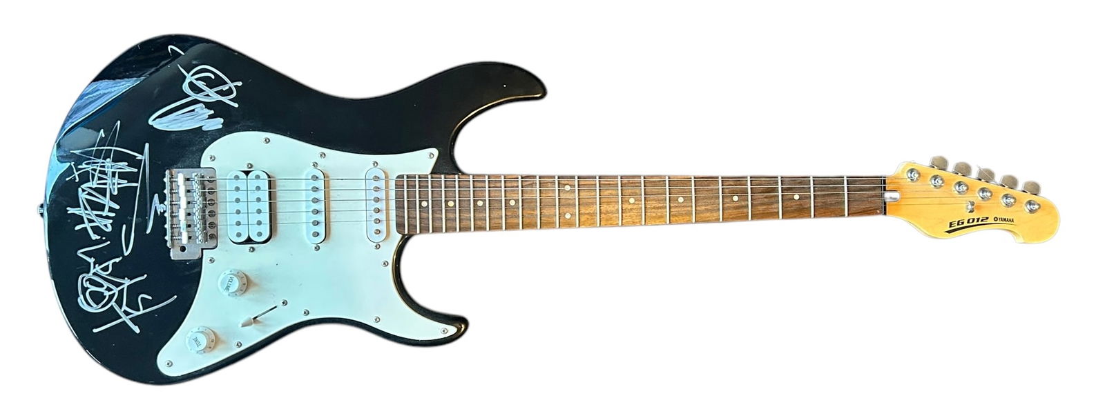 Blink-182 Signed Electric Guitar: This lot is an electric guitar, autographed on the body by Mark Hoppus, Tom DeLonge and Travis Barker of Blink-182. Item comes with third-party authentication and affixed tamper-proof holographic QR s