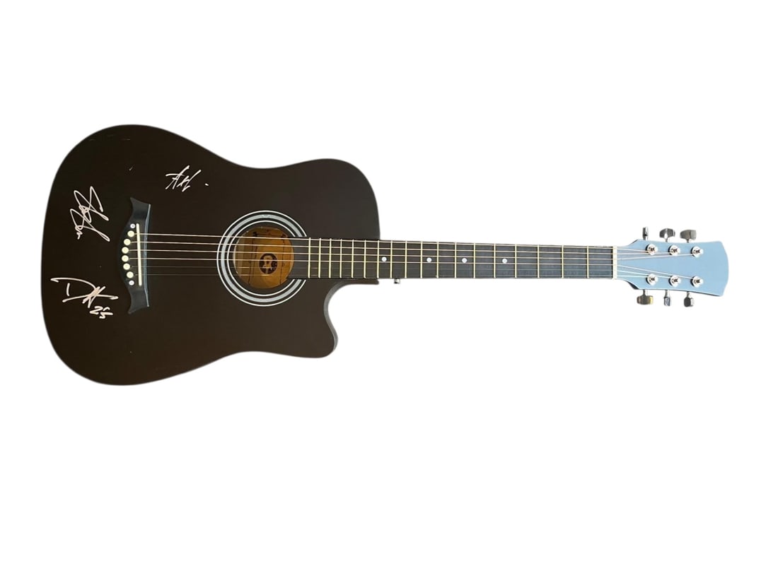 Guns N' Roses Signed Acoustic Guitar: This lot is an acoustic guitar, autographed on the body by Axl Rose, Slash and Duff McKagan of Guns N' Roses. Item comes with third-party authentication and affixed tamper-proof holographic QR sticker