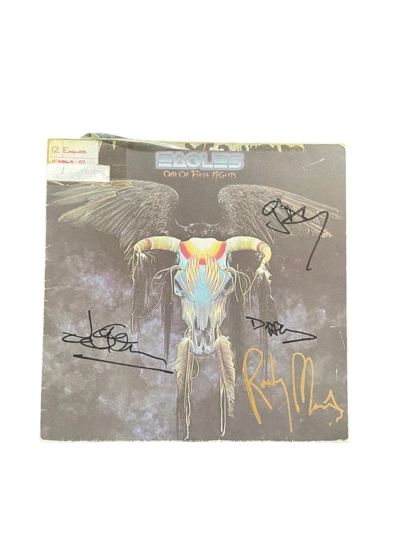 Eagles Signed Vinyl LP: This lot is a vinyl LP (One Of Those Nights), autographed on the front of the vinyl cover by Joe Walsh, Glenn Frey, Don Henley and Randy Meisner of the Eagles. Item comes with third-party authenticati
