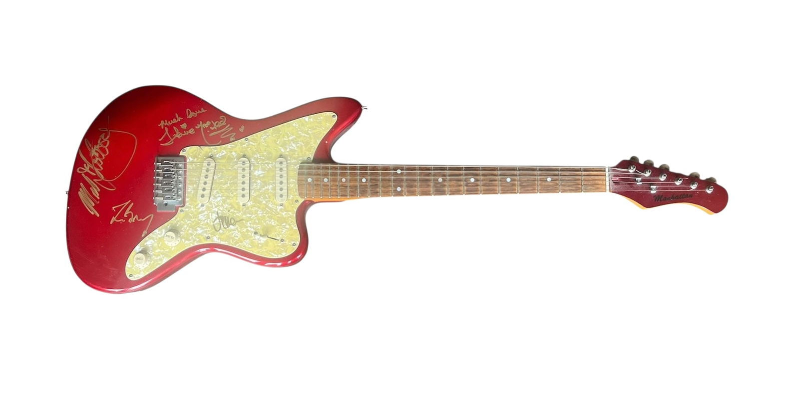 Fleetwood Mac Signed Electric Fender Jaguar Style Guitar: This lot is an electric Fender Jaguar style guitar, autgographed by Stevie Nicks, Mick Fleetwood, Lindsey Buckingham and John McVie of Fleetwood Mac. Item comes with third-party authentication and aff