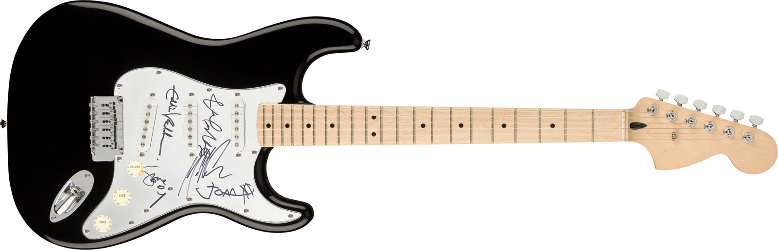 Pearl Jam Signed Electric Guitar: This lot is an electric guitar, autographed on the pickguard in black sharpie pen by Eddie Vedder, Mike McCready, Stone Gossard, Matt Cameron and Jeff Ament of Pearl Jam. Item comes with third-party a