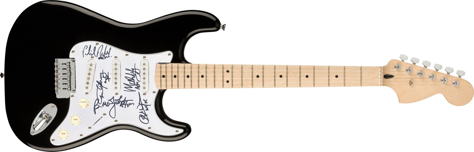 AC/DC Signed Electric Guitar: This lot is an electric guitar, autographed on the pickguard in black sharpie pen by Angus Young, Malcolm Young, Cliff Williams, Brian Johnson and Phil Rudd of AC/DC. Item comes with third-party authe