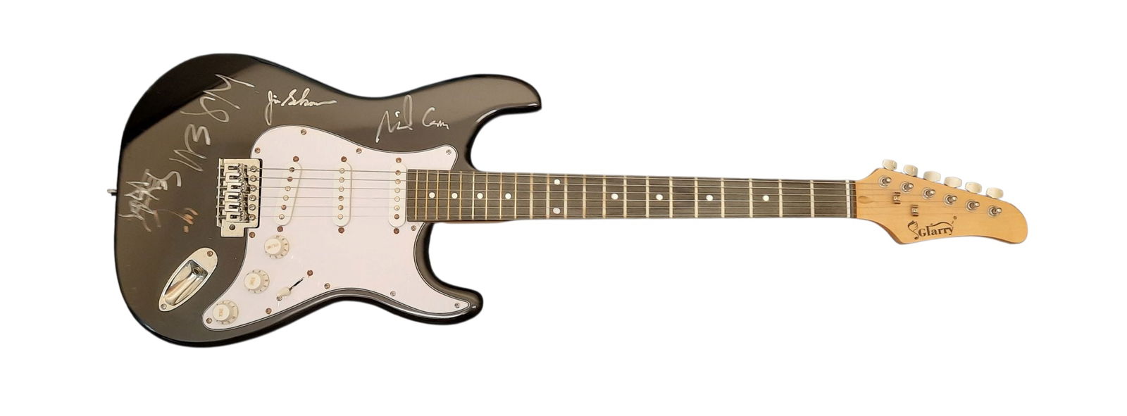 Nick Cave & Band Signed Electric Guitar: This lot is an electric guitar, autographed on the body by Nick Cave and his band. Item comes with third-party authentication and affixed tamper-proof holographic QR sticker leading to item details an