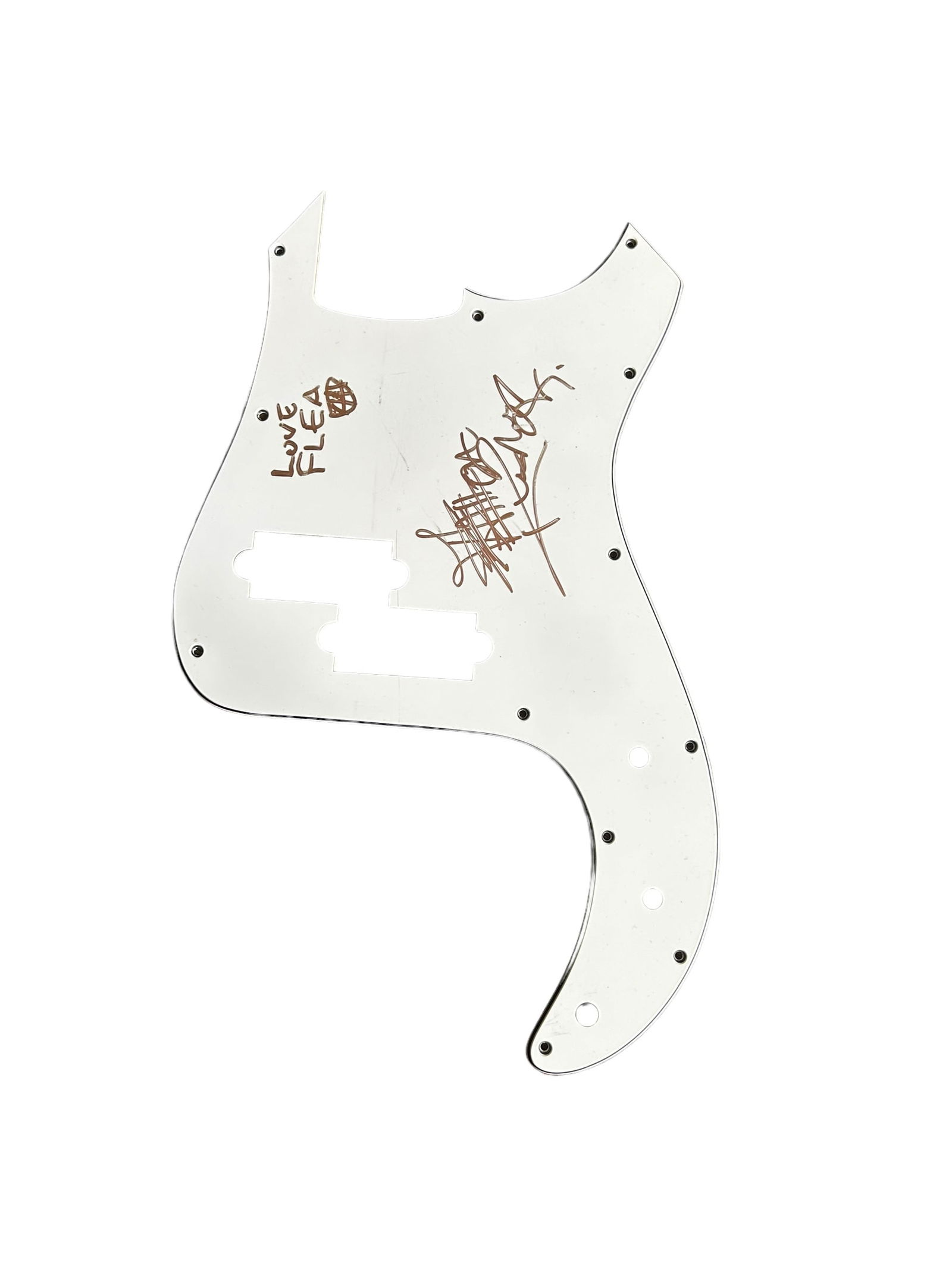 Red Hot Chili Peppers Signed Guitar Pickguard: This lot is a guitar pickguard, autographed by Anthony Kiedis and Flea of Red Hot Chili Peppers. Item comes with third-party authentication and affixed tamper-proof holographic QR sticker leading to i