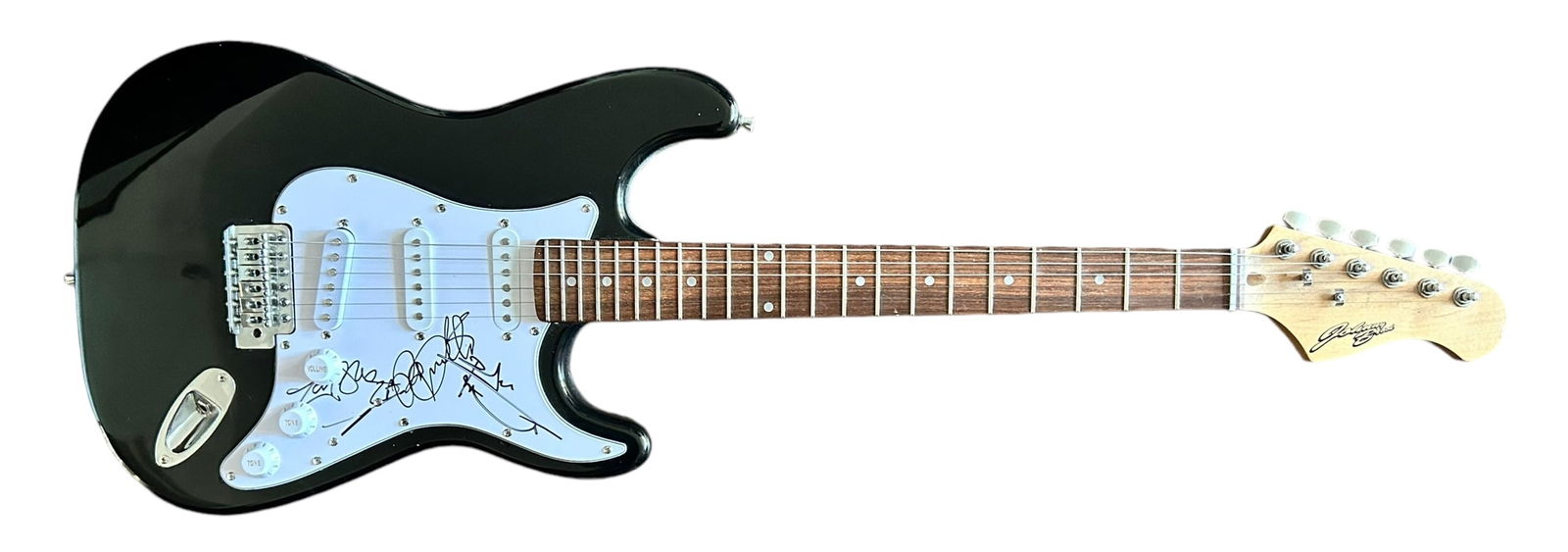 The Who Signed Electric Guitar: This lot is an electric guitar, autographed by Zak Starkey, Roger Daltrey and Pete Townshend of The Who.