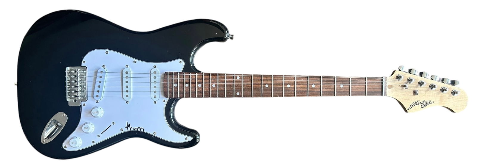 Thom Yorke Radiohead Signed Electric Guitar: This lot is an electric guitar, autographed on the pickguard by Thom Yorke of Radiohead. Item comes with Certificate of Authenticity, guaranteeing it for a lifetime.