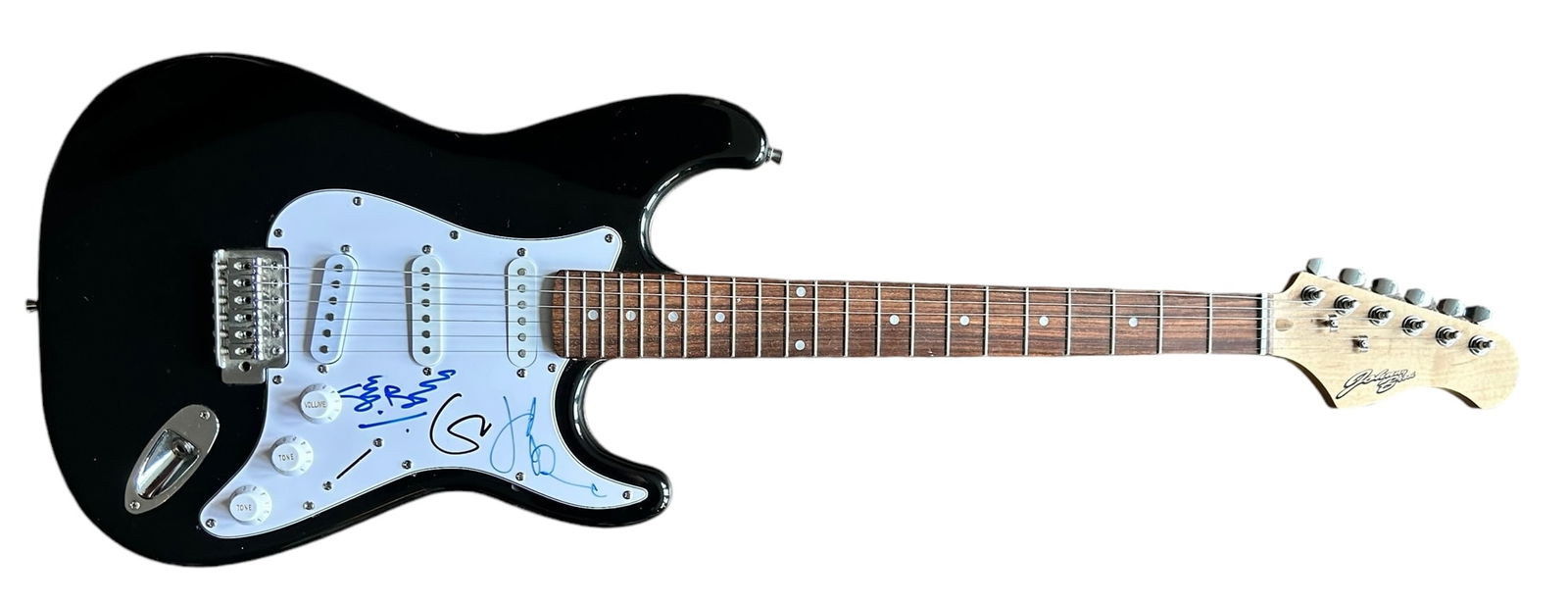 Cream Signed Electric Guitar: This lot is an electric guitar, autographed on the pickguard in black sharpie pen by Eric Clapton and in blue sharpie pen by Ginger Baker and Jack Bruce of Cream. Item comes with Certificate of Authen