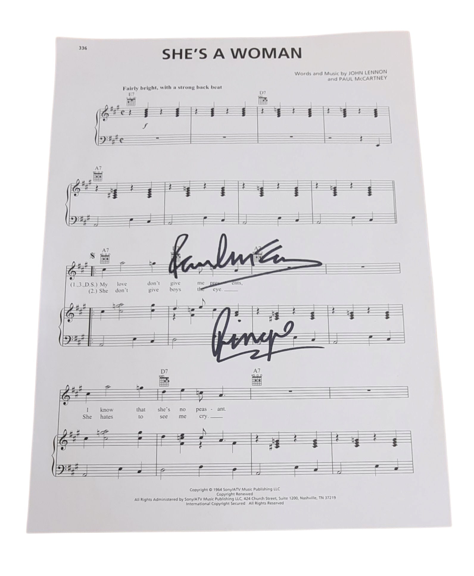 Beatles Signed Sheet music: This lot is a piece of sheet music (She's A Woman), autographed by Paul McCartney and Ringo Starr of the Beatles. Item comes with third-party authentication and affixed tamper-proof holographic QR sti