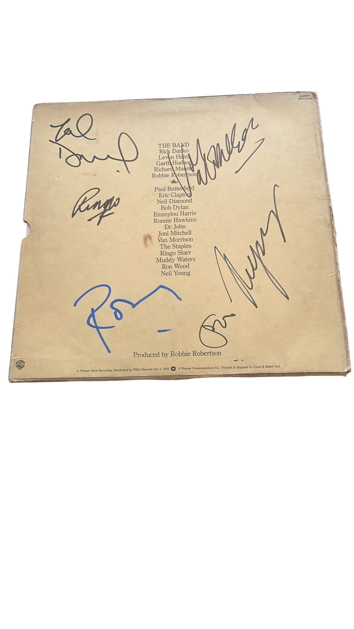 The Band Signed Vinyl LP: This lot is a vinyl LP (Last Waltz), autographed on the rear of the vinyl cover by Ringo Starr, Van Morrison, Eric Clapton, Ronnie Wood, Neil Young and Neil Diamond of The Band. The front of the vinyl