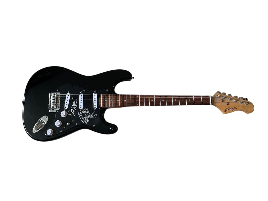 The Offspring Signed Electric Guitar: This lot is an electric guitar, autographed on the pickguard by Dexter Holland and Noodles of The Offspring. Item comes with third-party authentication and affixed tamper-proof holographic QR sticker