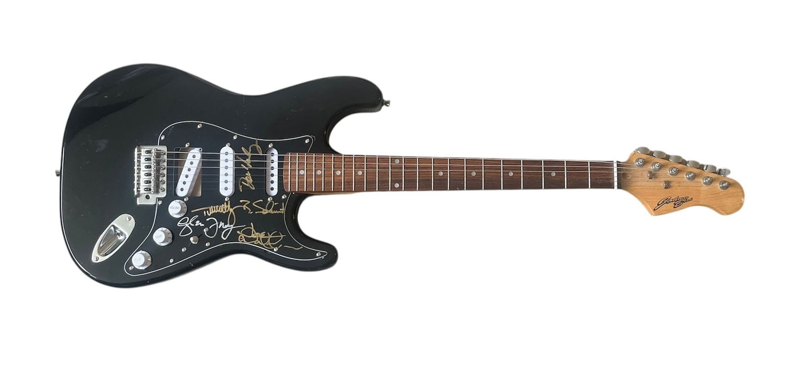 Eagles Signed Electric Guitar: This lot is an electric guitar, autographed on the pickguard by Don Henley, Timothy B Schmit, Glenn Frey and Joe Walsh of the Eagles. Item comes with third-party authentication and affixed tamper-proo