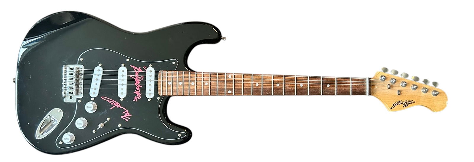 AC/DC Signed Electric Guitar: This lot is an electric guitar, autographed on the pickguard by Angus Young and Brian Johnson of AC/DC. Item comes with third-party authentication and affixed tamper-proof holographic QR sticker leadi