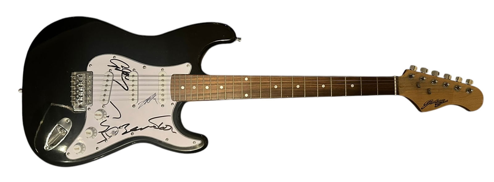 Rage Against The Machine Signed Electric Guitar: This lot is an electric guitar, autographed on the pickguard by Zack De La Rocha, Tim Commerford, Tom Morello and Brad Wilk of Rage Against The Machine. Item comes with third-party authentication and