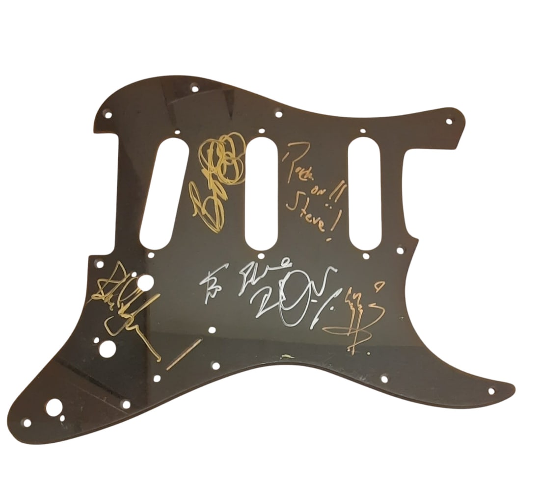 Led Zeppelin Signed Pickguard: This lot is a pickguard, autographed by Robert Plant, Jimmy Page, John Paul Jones and John Bonham of Led Zeppelin. Item comes with third-party authentication and affixed tamper-proof holographic QR st