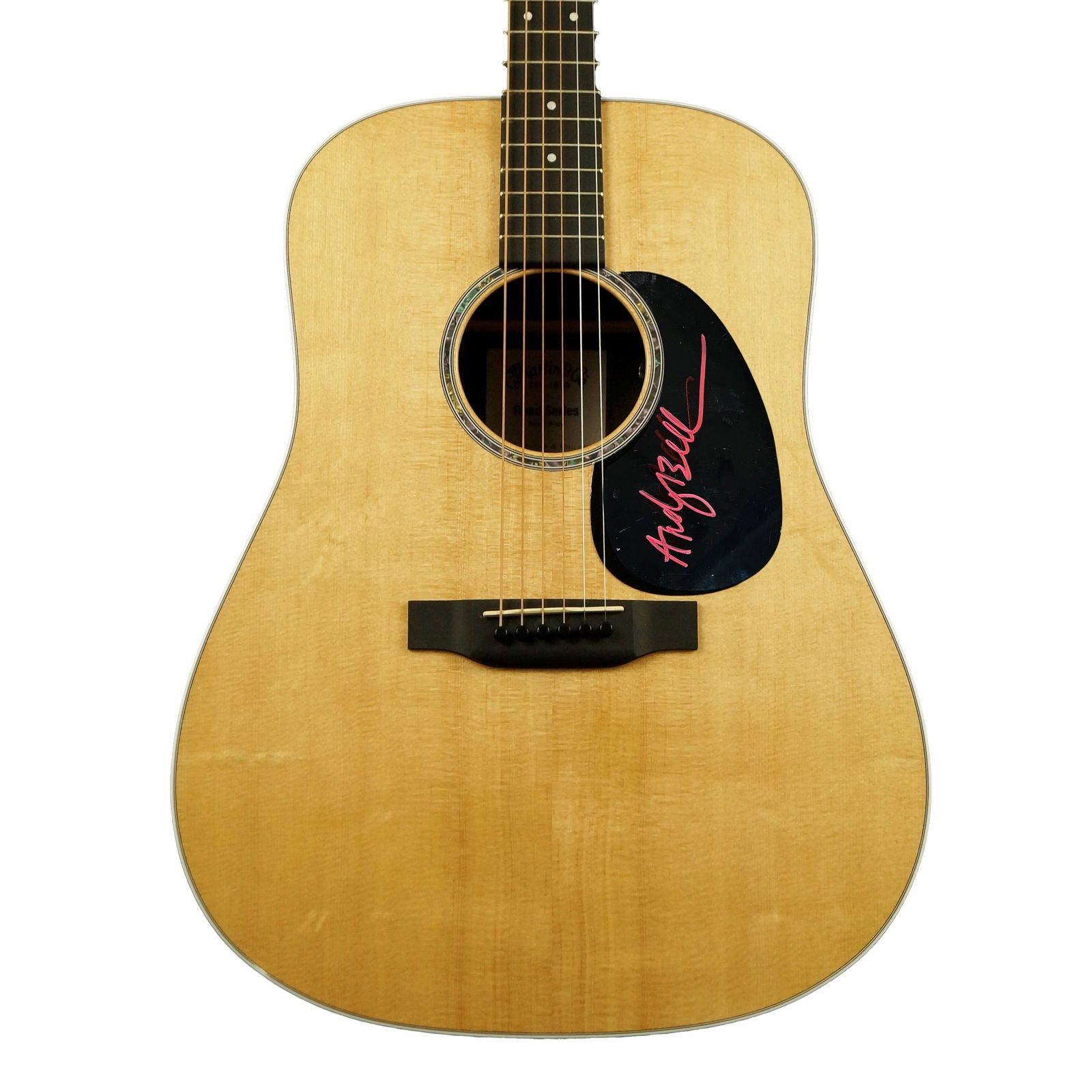 Andy Bell Oasis Signed Acoustic Guitar: This lot is an acoustic guitar, autographed on the pickguard by Andy Bell of Oasis. Item comes with third-party authentication and affixed tamper-proof holographic QR sticker leading to item details a