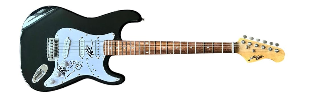 Bon Jovi Signed Electric Guitar: This lot is an electric guitar, autographed on the pickguard by Richie Sambora, Tico Torres, David Bryan and Jon Bon Jovi of Bon Jovi. Item is authenticated by HSA and comes with affixed HSA Tamper-Pr