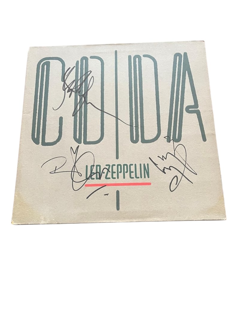 Led Zeppelin Signed Vinyl LP: This lot is a vinyl LP (CODA), autographed on the front of the vinyl cover by Robert Plant, Jimmy Page and John Paul Jones of Led Zeppelin. Item comes with third-party authentication and affixed tampe