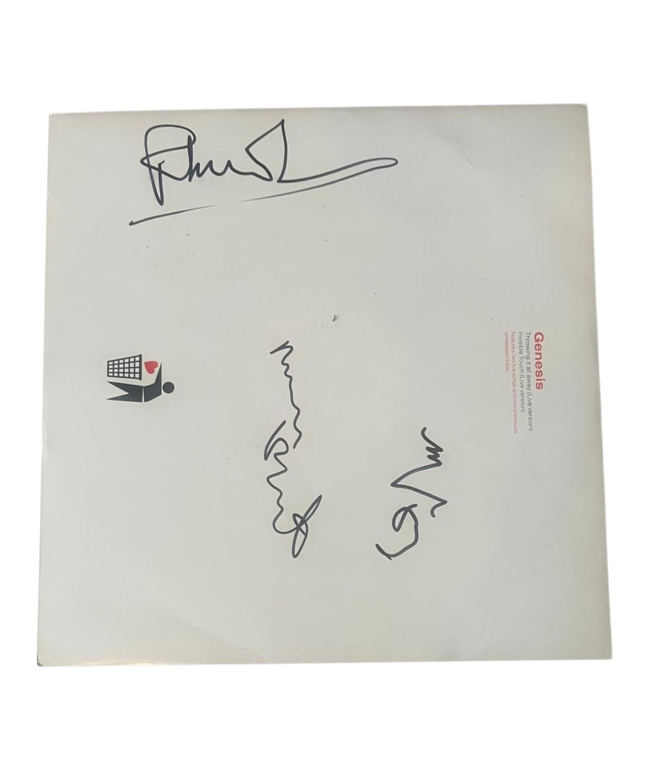 Genesis Signed 12" Vinyl: This lot is a 12" vinyl (Throwing It All Away - Live Version), autographed on the front of the vinyl cover by Phil Collins, Tony Banks and Mike Rutherford of Genesis. Item comes with third-party authe