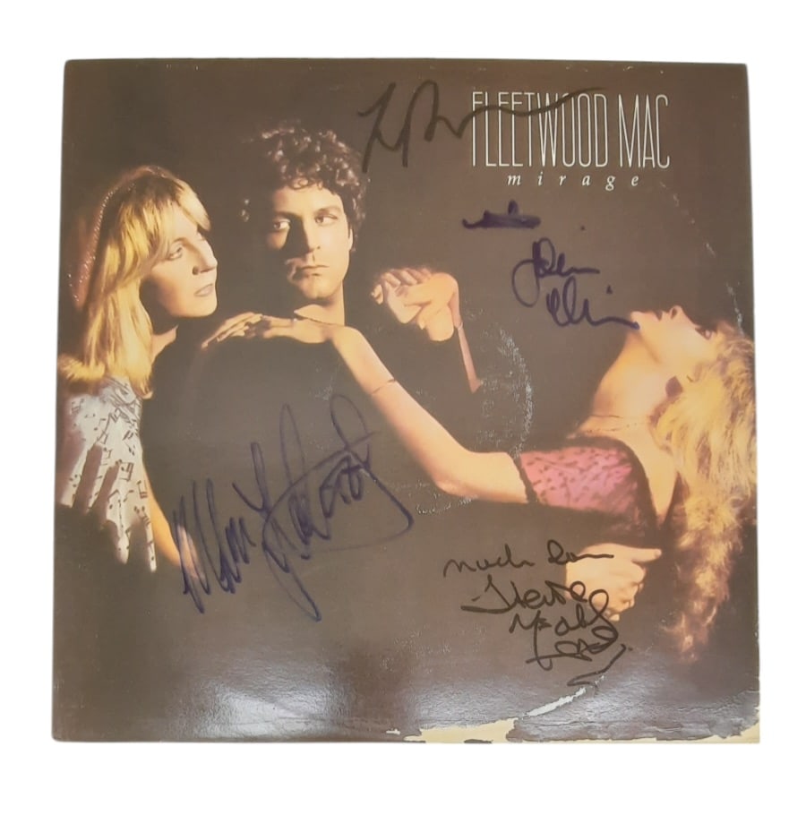 Fleetwood Mac Signed Vinyl LP: This lot is a vinyl LP (Mirage) autographed by Mick Fleetwood, Lindsey Buckingham, Stevie Nicks and John McVie of Fleetwood Mac. Item comes with third-party authentication and affixed tamper-proof hol