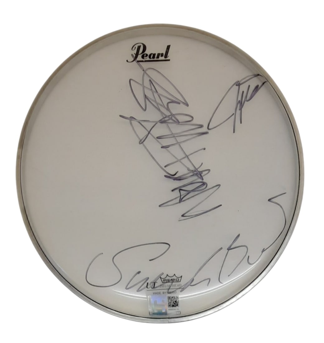 Duran Duran Signed Drumskin: This lot is a 10.5" Pearl/Remo drumskin, autographed by Simon Le Bon, Nick Rhodes and John Taylor of Duran Duran. Item comes with third-party authentication and affixed tamper-proof holographic QR sti