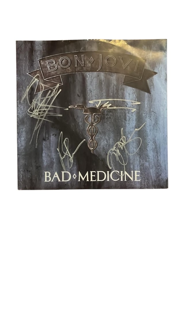 Bon Jovi Signed 12" Vinyl: This lot is a 12" vinyl (Bad Medicine), autographed on the front of the vinyl cover by Jon Bon Jovi, Richie Sambora, David Bryan and Tico Torres of Bon Jovi. Item comes with third-party authentication