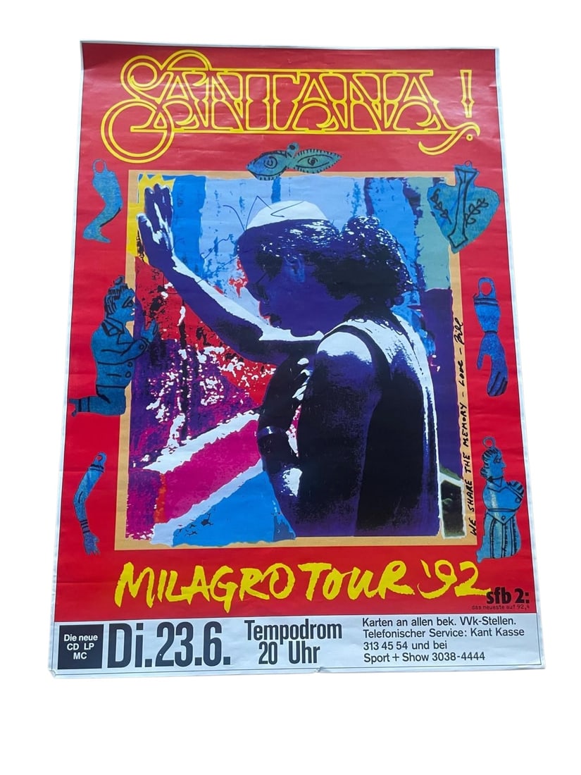 Carlos Santana Signed Poster: This lot is a poster (Berlin 1992 Original Tour Poster), autographed by Carlos Santana. Item comes with third-party authentication and affixed tamper-proof holographic QR sticker leading to item detai