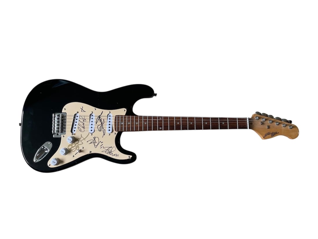 Black Sabbath, Red Hot Chili Peppers, Led Zeppelin, Guns N' Roses Signed Electric Guitar: This lot is an electric guitar, autographed on the pickguard in 2025 by Ozzy Osbourne and Tony Iommi of Black Sabbath, Robert Plant of Led Zeppelin, Slash of Guns N' Roses and Chad Smith of Red Hot Ch