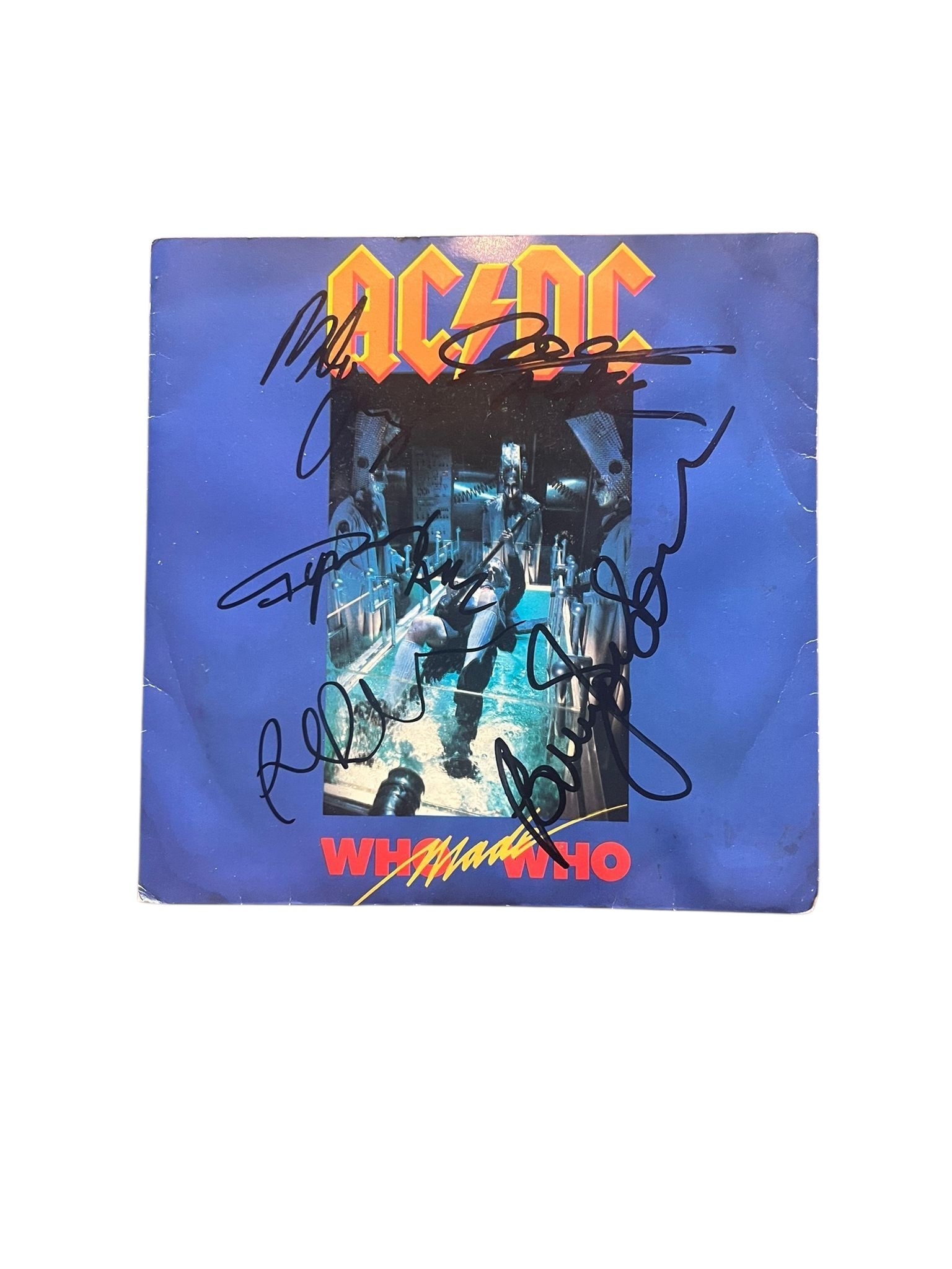 AC/DC Signed 7" Vinyl: This lot is a 7" Vinyl (Who Made Who), autographed on the front of the vinyl cover by Brian Johnson, Angus Young, Malcom Young, Phil Rudd and Cliff Williams of AC/DC. Item comes with third-party authe