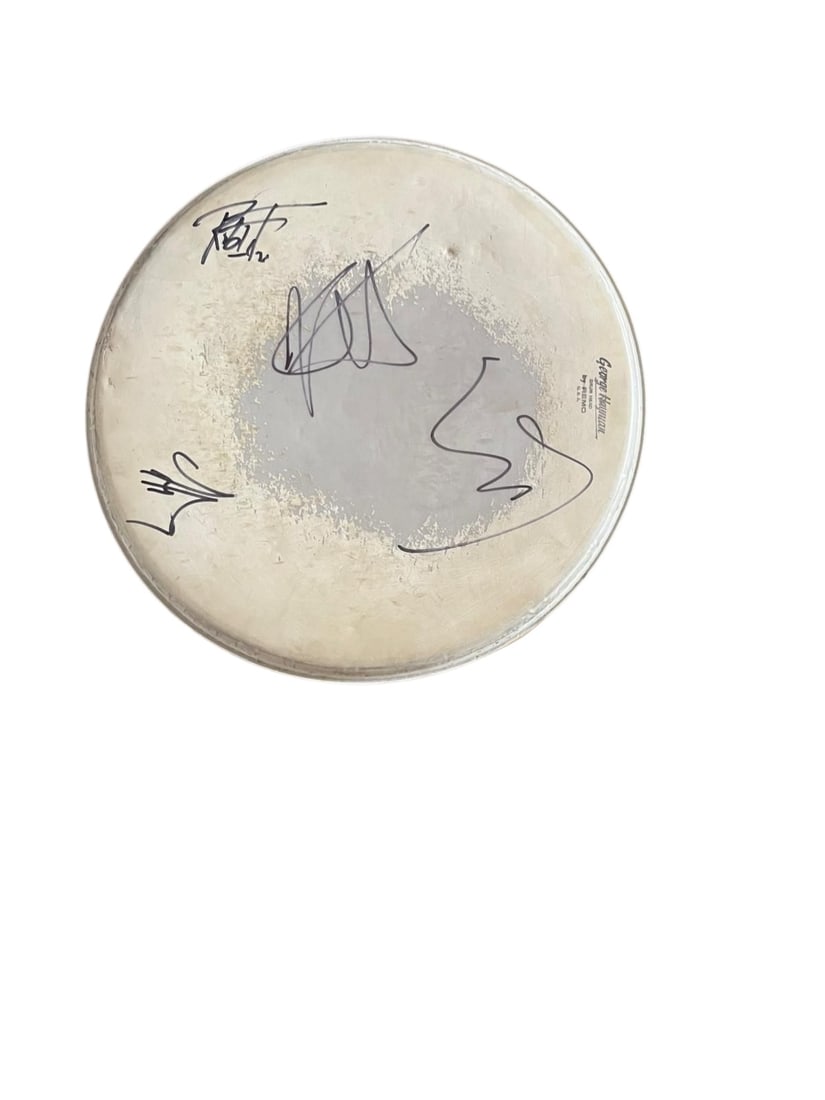Metallica Signed Drumskin: This lot is a drumskin, autographed by James Hetfield, Lars Ulrich, Robert Trujillo and Kirk Hammett of Metallica. Item comes with third-party authentication and affixed tamper-proof holographic QR st