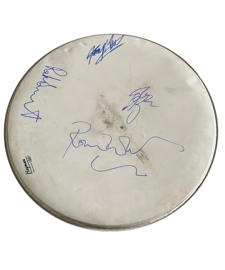The Faces Signed Bass Drum: This lot is a Bass Drum, autographed by Rod Stewart, Ronnie Wood, Kenney Jones and Ronnie Lane of The Faces. Item comes with third-party authentication and affixed tamper-proof holographic QR sticker