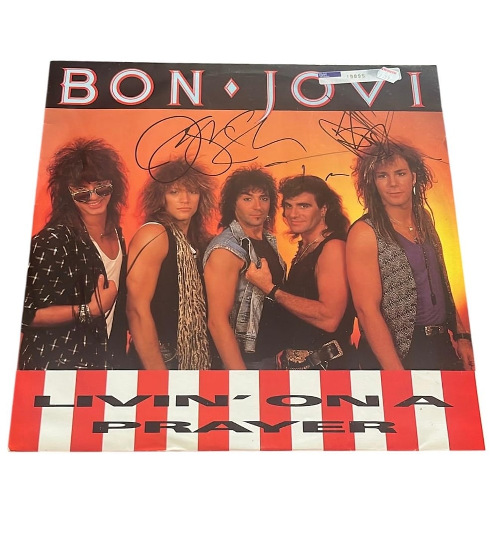 Bon Jovi Signed 12" Vinyl: This lot is a 12" vinyl (Livin' On a Prayer), autographed on the front of the vinyl cover by Jon Bon Jovi, Tico Torres, Richie Sambora and David Bryan of Bon Jovi. Item comes with third-party authenti