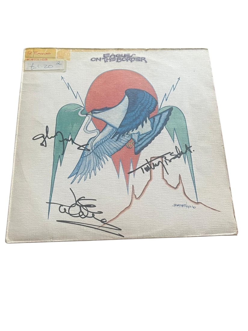 Eagles Signed Vinyl LP: This lot is a vinyl LP (On The Border), autographed on the front of the vinyl cover by Joe Walsh, Glenn Frey and Timothy B. Schmit of the Eagles. Item comes with third-party authentication and affixed