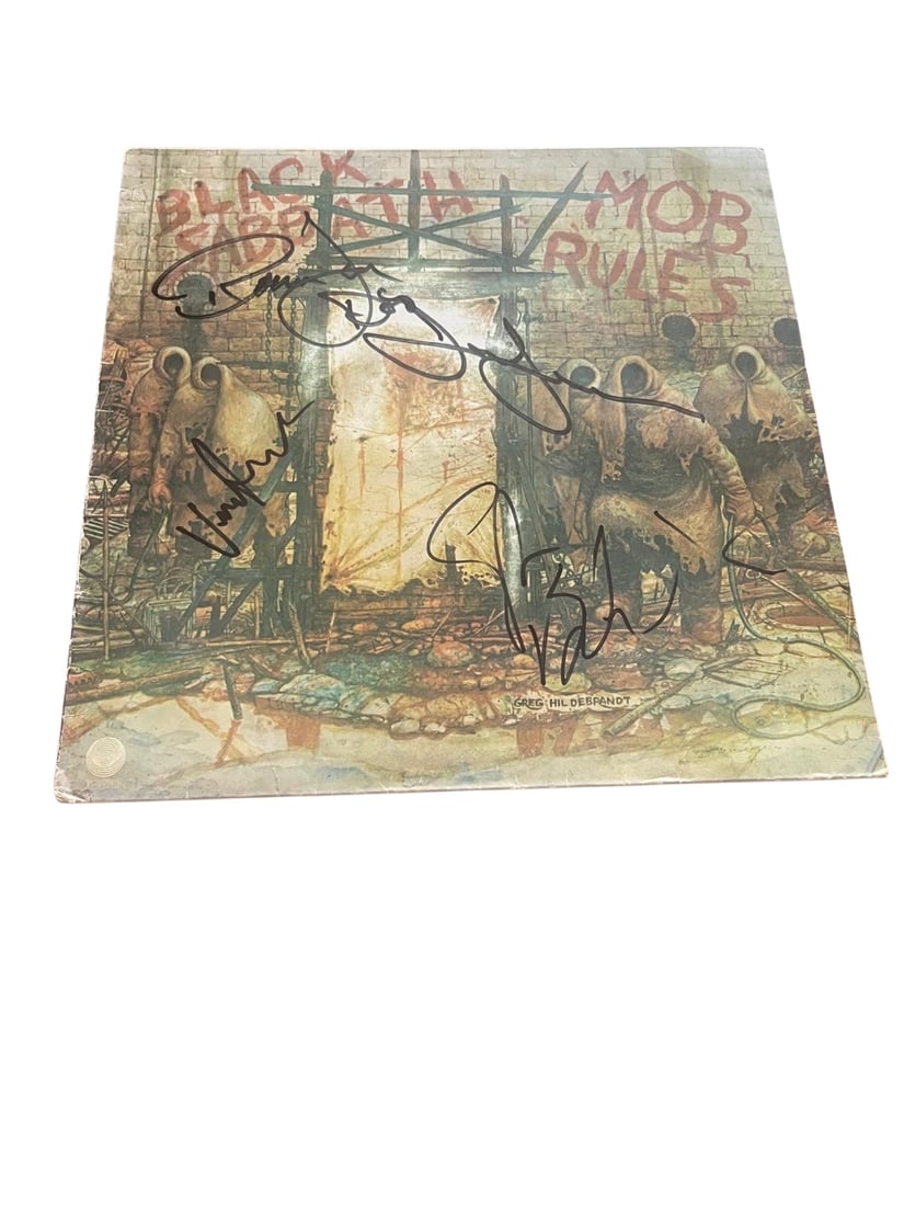 Black Sabbath Signed Vinyl LP: This lot is a vinyl LP (Mob Rules), autographed on the front of the vinyl cover by Ronnie James Dio, Geezer Butler, Tony Iommi and Vinny Appice of Black Sabbath. Item comes with third-party authentica