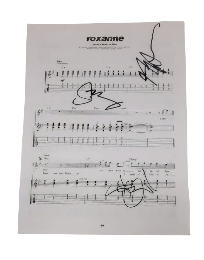The Police Signed Sheet Music: This lot is a page of sheet music (Roxanne), autographed by Sting, Andy Summers and Stewart Copeland of The Police. Item comes with third-party authentication and affixed tamper-proof holographic QR s