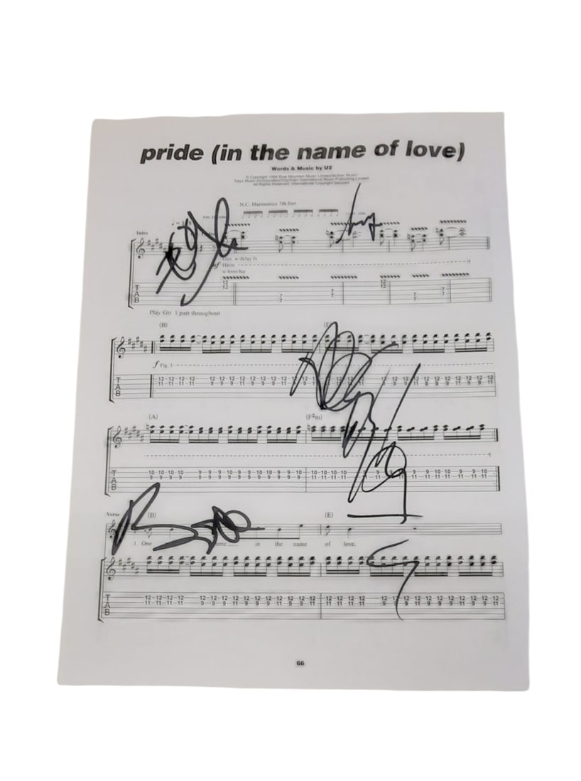 U2 Signed Sheet Music: This lot is a page of sheet music (Pride - In The Name Of Love), autographed by Bono, The Edge, Larry Mullen Jr and Adam Clayton of U2. Item comes with third-party authentication and affixed tamper-pr