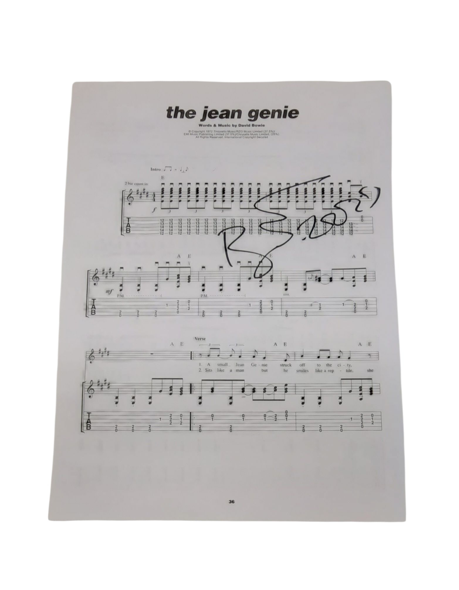 David Bowie Signed Sheet Music: This lot is a page of sheet music (The Jean Genie), autographed by David Bowie. Item comes with third-party authentication and affixed tamper-proof holographic QR sticker leading to item details and s