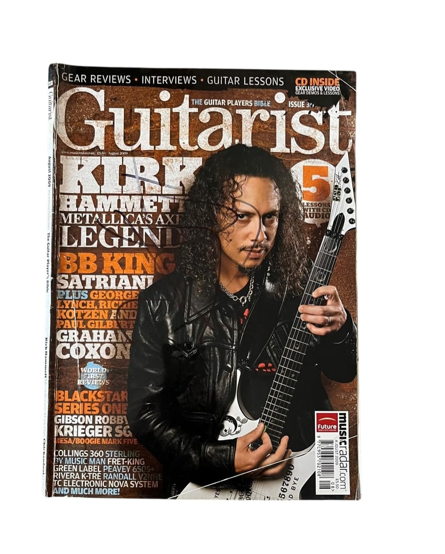 Kirk Hammett Signed Magazine: This lot is a magazine (Guitarist - August 2009), autographed on the front cover by Kirk Hammett. Item comes with third-party authentication and affixed tamper-proof holographic QR sticker leading to 