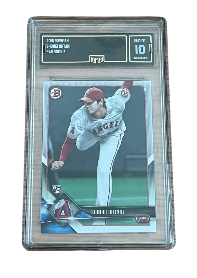 Shohei Ohtani Topps Collectors Card: This lot is a Topps collectors card (Gem 10 / 2018 Bowman), featuring Shohei Ohtani. Item comes with third-party authentication and affixed tamper-proof holographic QR sticker leading to item details 