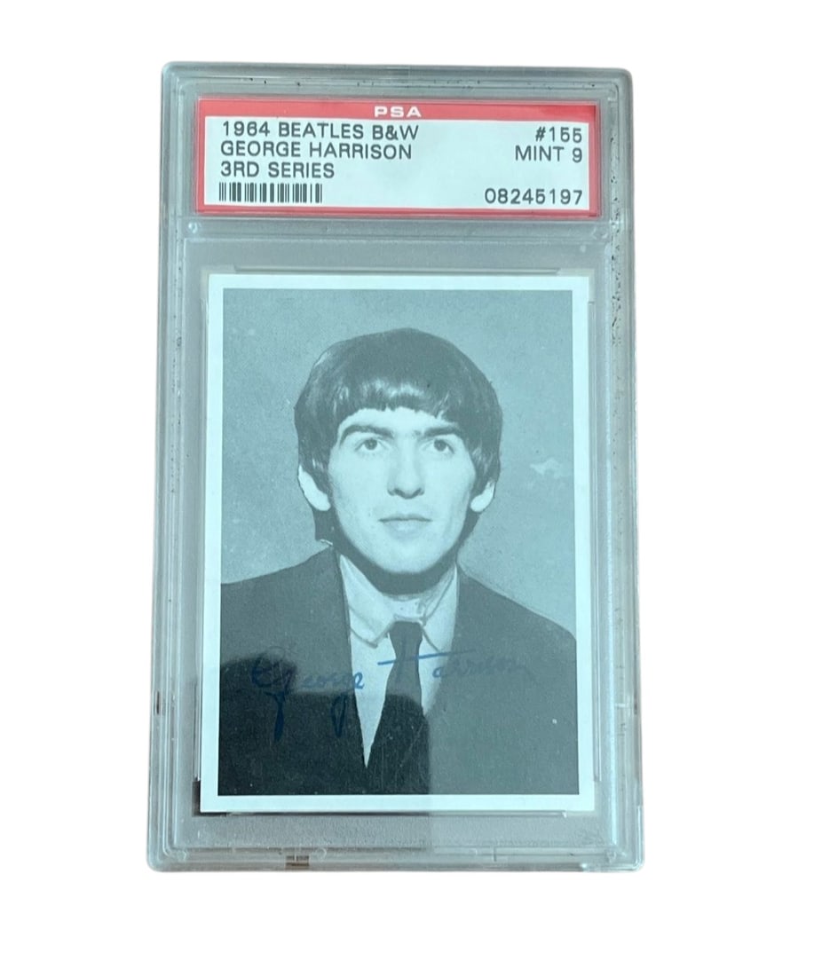 George Harrison Beatles Signed Graded Collectors Card: This lot is a 1984 Beatles B&W graded collectors card featuring George Harrison, autographed on the front of the card by George Harrison of the Beatles. Item is PSA authenticated.