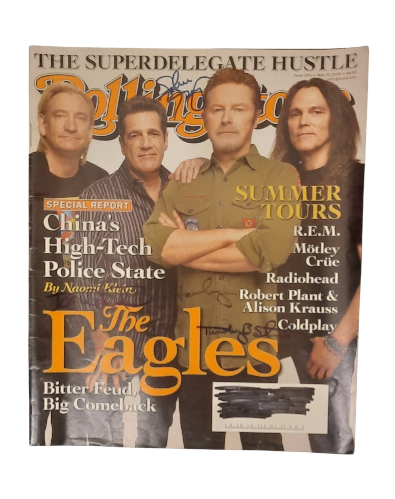 Eagles Signed Rolling Stone magazine: This lot is a Rolling Stone magazine (Issue 1053, 29th May 2008) autographed on the front cover by Joe Walsh, Don Henley, Glenn Frey and Timothy B. Schmit of Eagles. Item comes with third-party authen