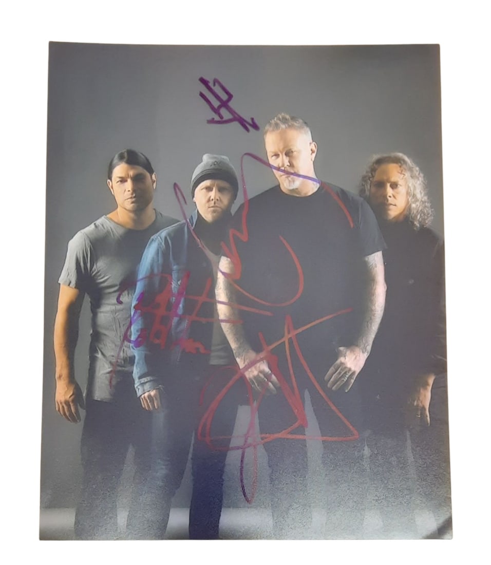 Metallica Signed Photograph: This lot is an 8x10" photograph, autographed by Robert Trujillo, Lars Ulrich, Kirk Hammett and James Hetfield of Metallica. Item comes with third-party authentication and affixed tamper-proof holograp