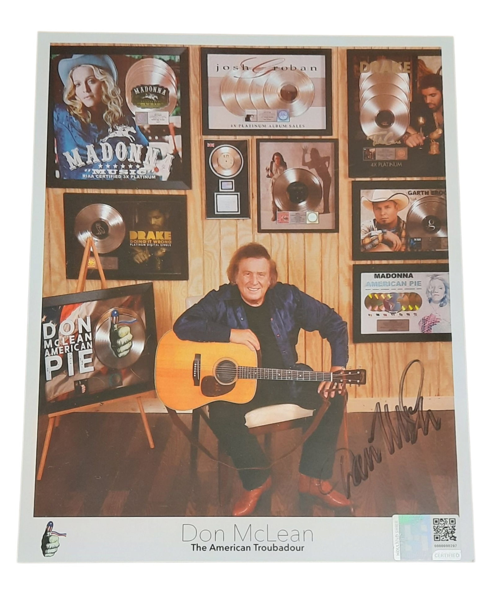 Don McLean Signed Photograph: This lot is an 8x10" photograph, autographed by Don McLean. Item comes with third-party authentication and affixed tamper-proof holographic QR sticker leading to item details and scoring.