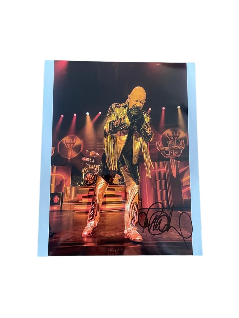 Judas Priest Rob Halford Signed Photograph: This lot is an 8x10" photograph, autographed by Rob Halford of Judas Priest. Item comes with third-party authentication and affixed tamper-proof holographic QR sticker leading to item details and scor